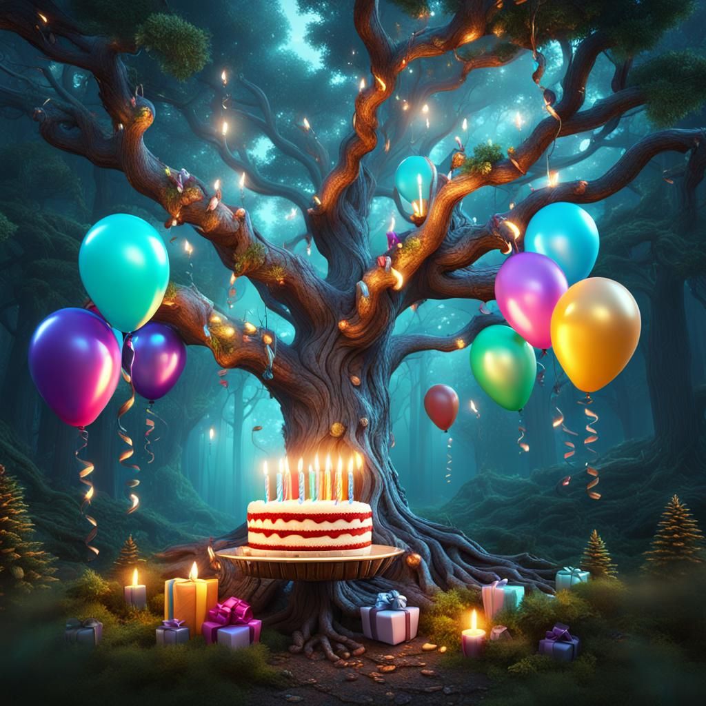 Birthday Tree in Forest: Hyperreal Fantasy Art