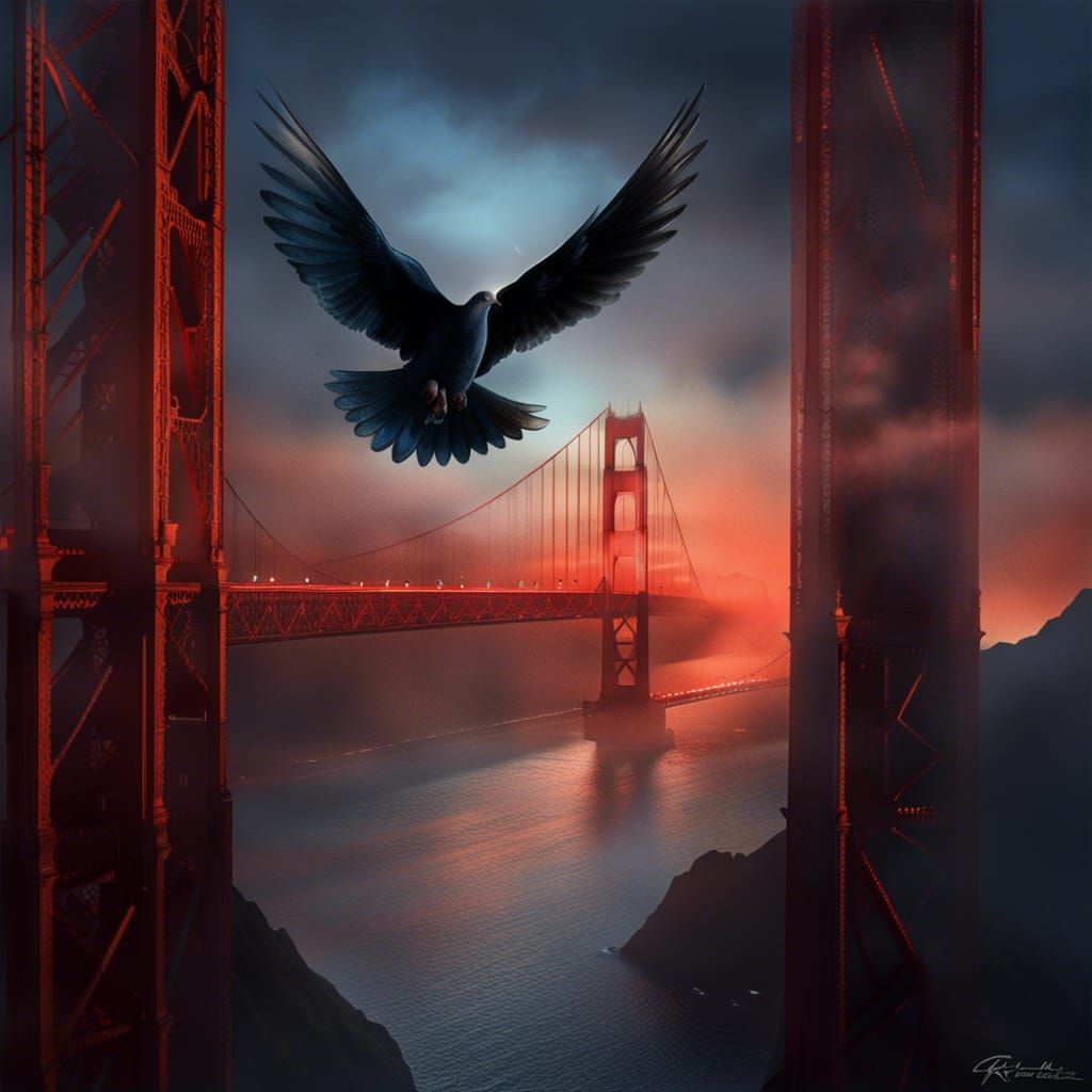 Dove Over Golden Gate Bridge in Eerie Style