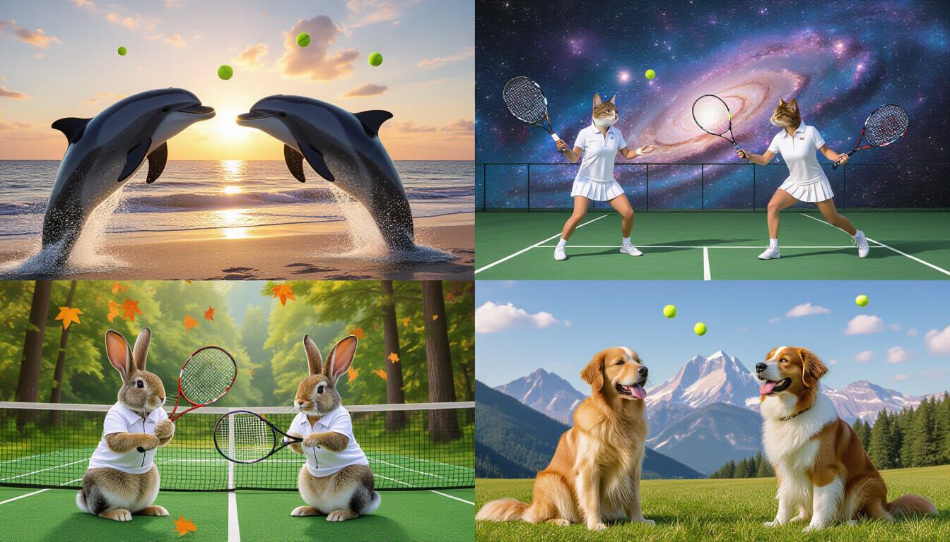 Animals Playing Tennis Collage in Abstract Style