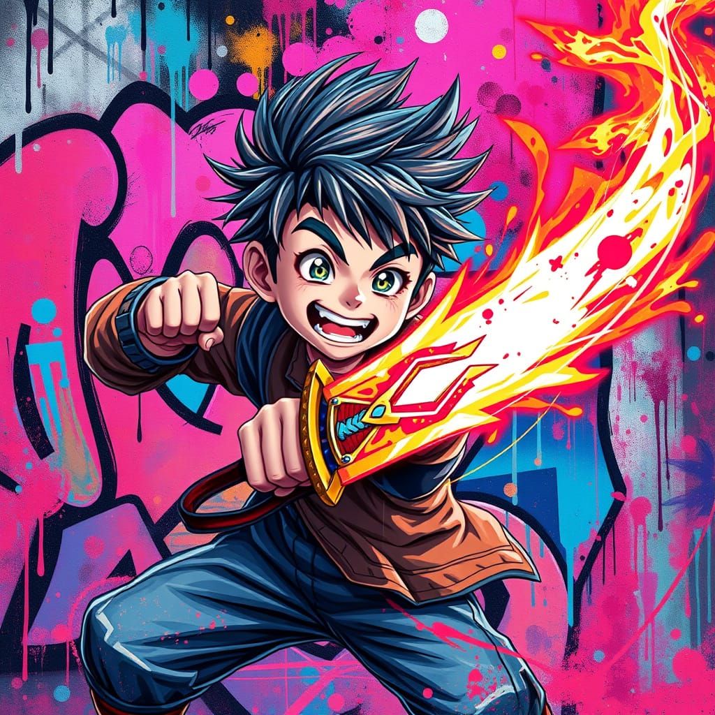 Anime Warrior in Vibrant, Cosmic Street Art