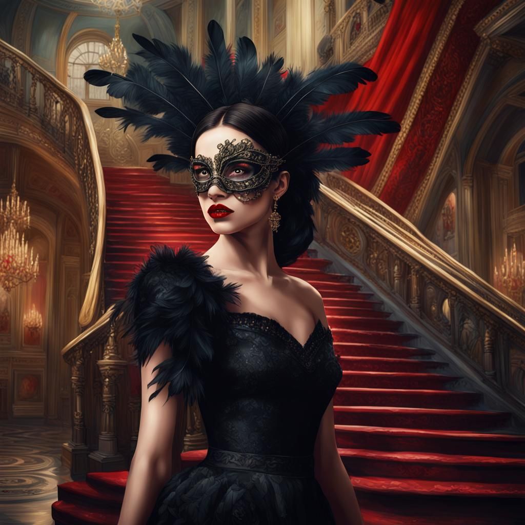 Elegant Masquerade Ball with Woman in Black Dress