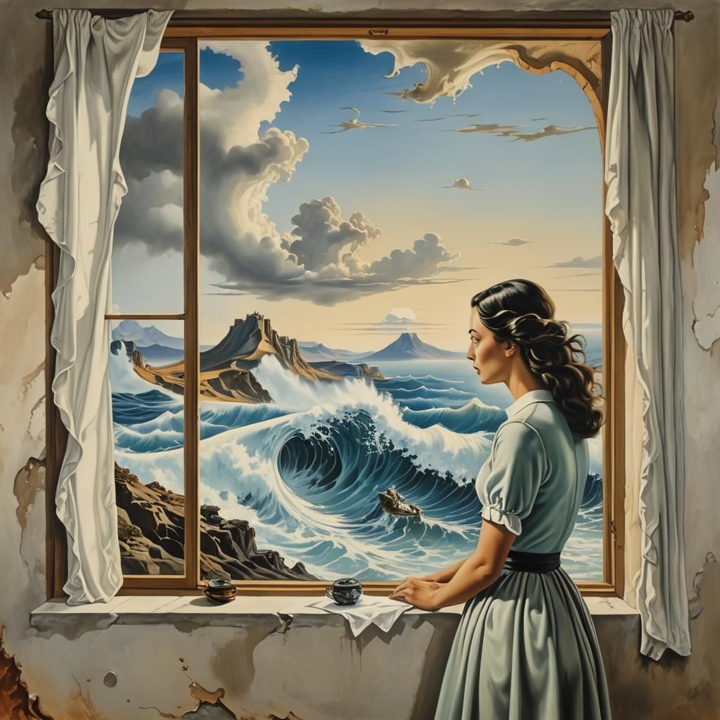 Girl looking by a window to a great wave in a Salvador Dalí surrealist landscape