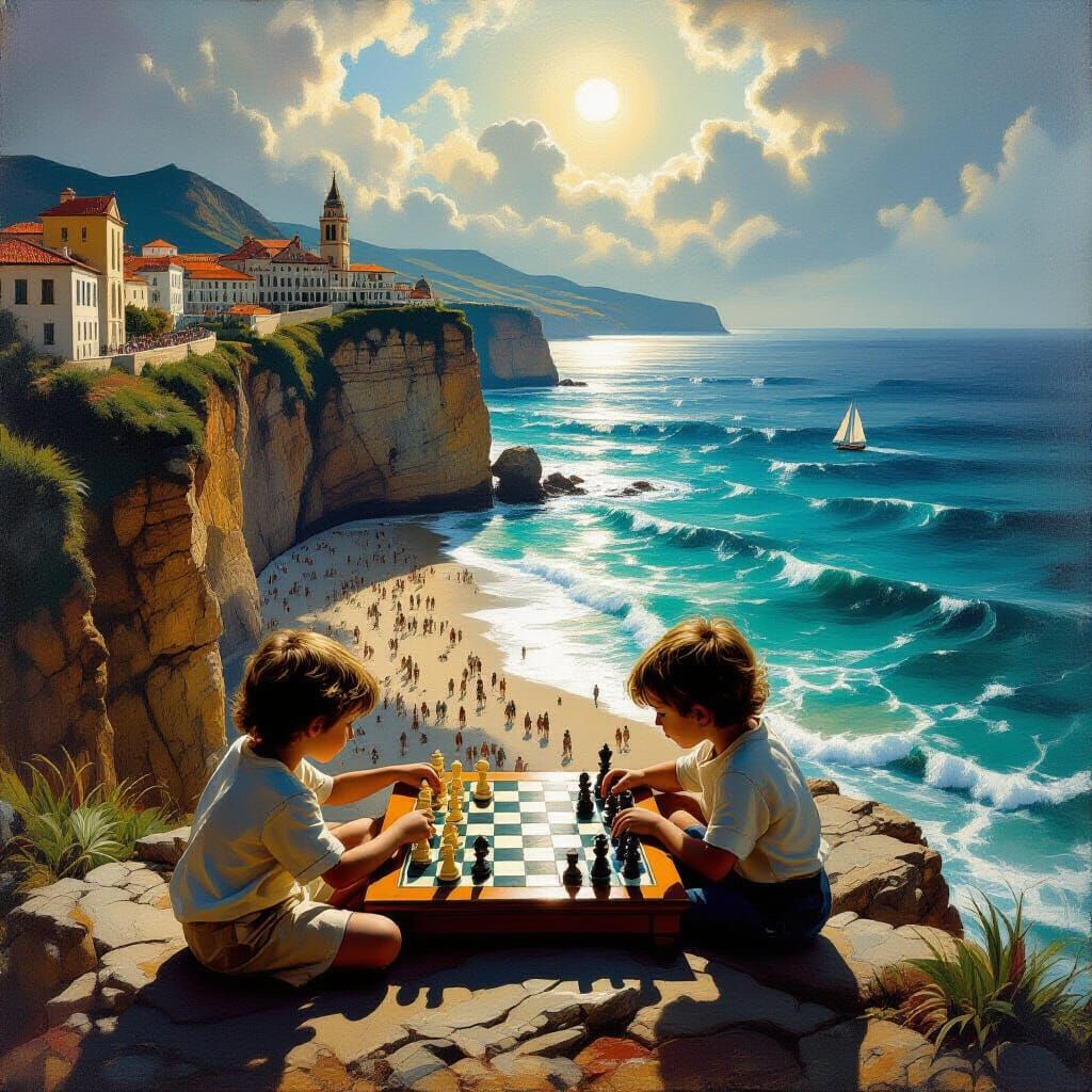 Baroque Oil Painting of Children Playing Chess on Cliff
