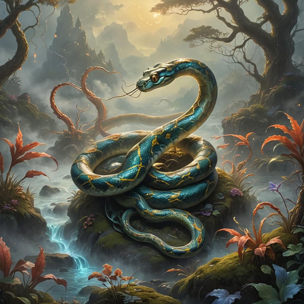 Colossal Crab Claw Snake in Ethereal Landscape