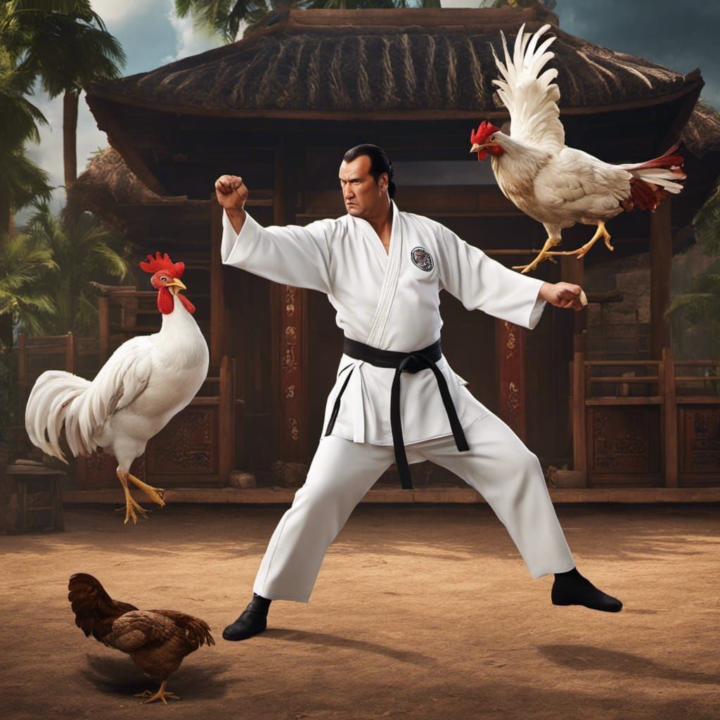 Martial Artist Battles Giant Chicken: Humorous Digital Art