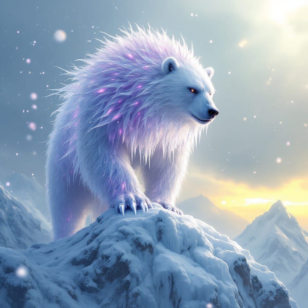 Majestic White Bear Ascends Snow-Covered Mountain Peak