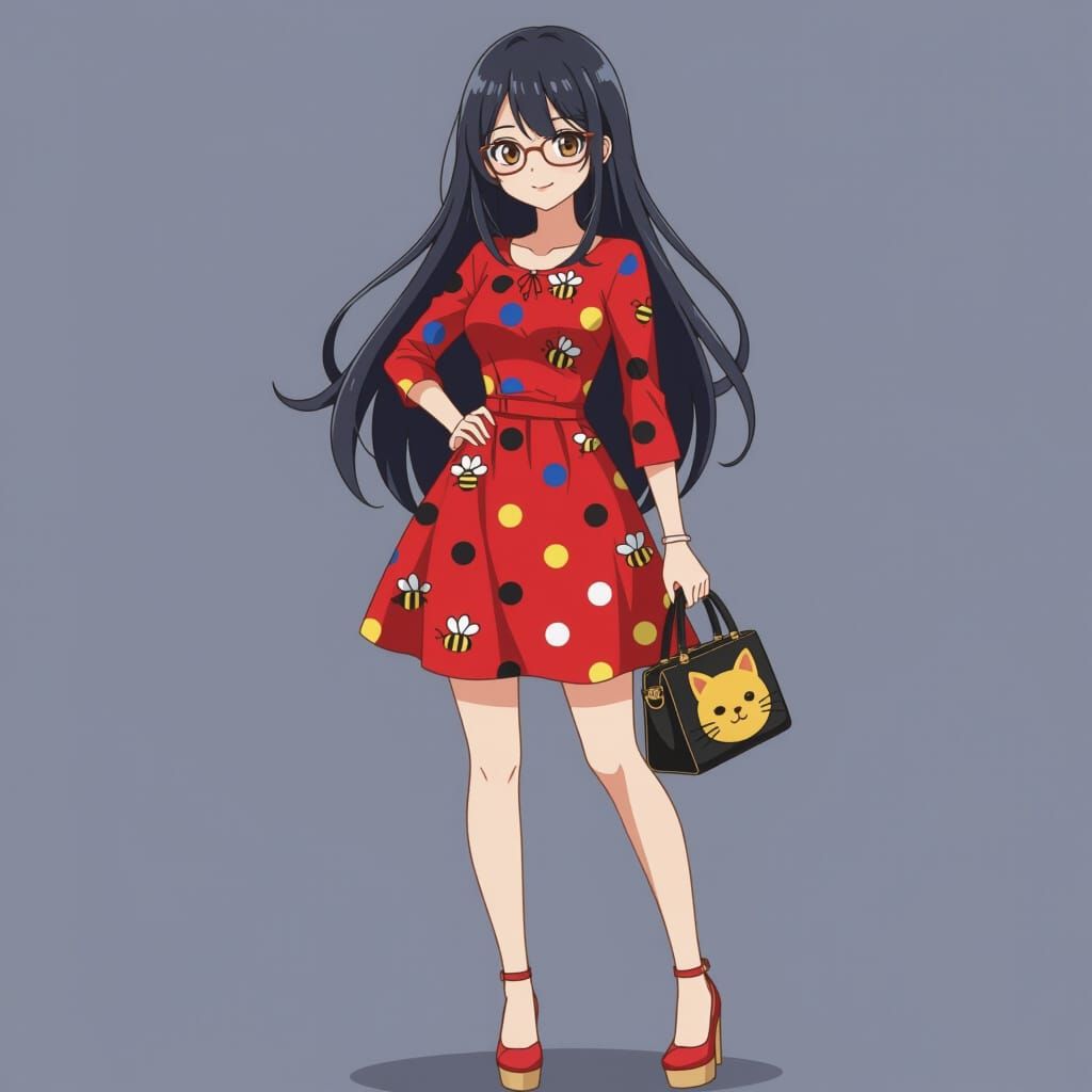 Anime Woman in Polka Dot Dress with Bee Print