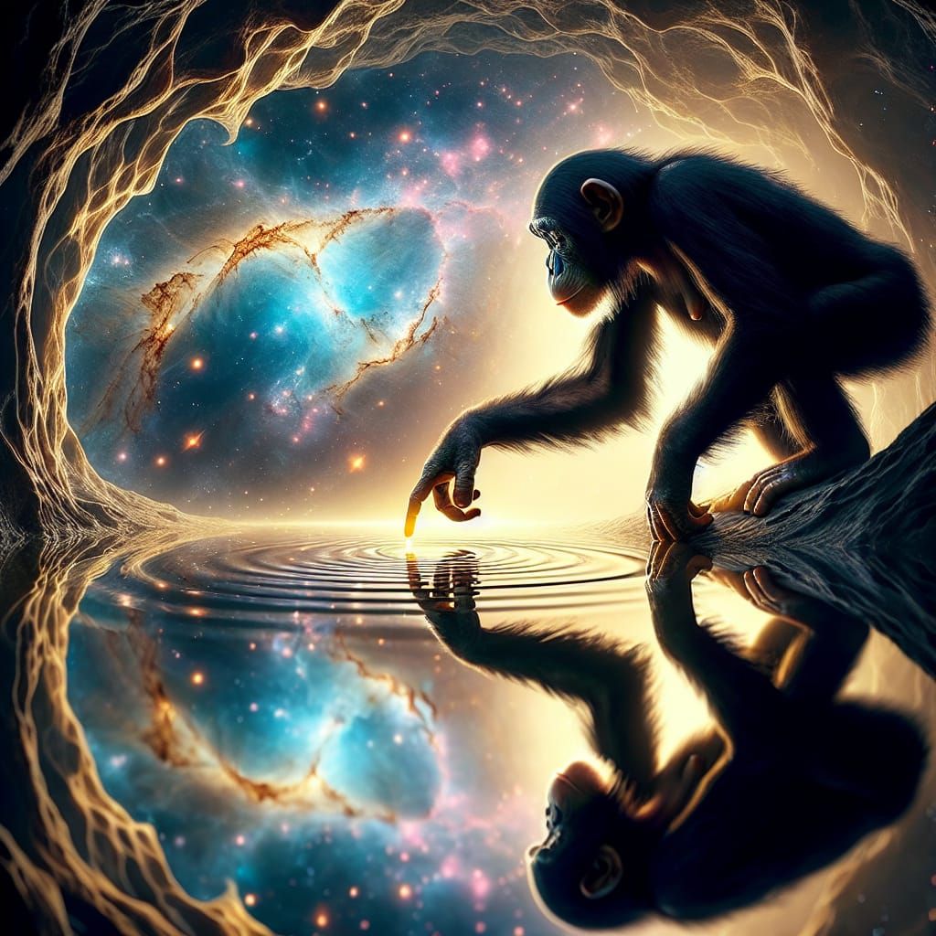 Bonobo Touching Reflection in Glowing Cave