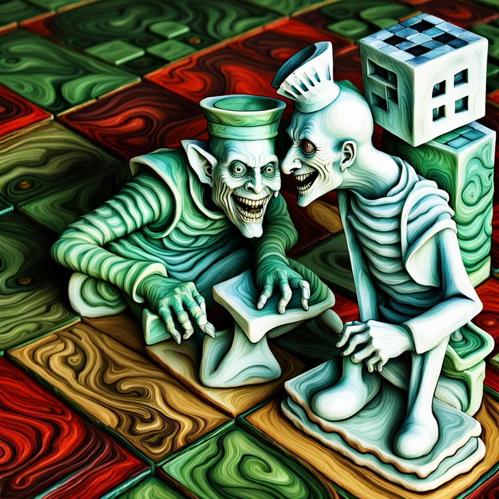 two crazy jesters laughing, H.R. Giger, psychedelic 3D chess...