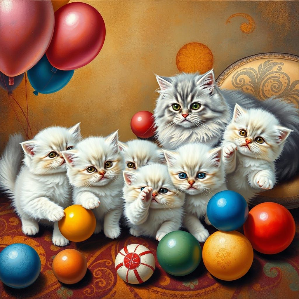 Regal Mama Cat Watches Playful Persian Kittens in Vibrant Gu...