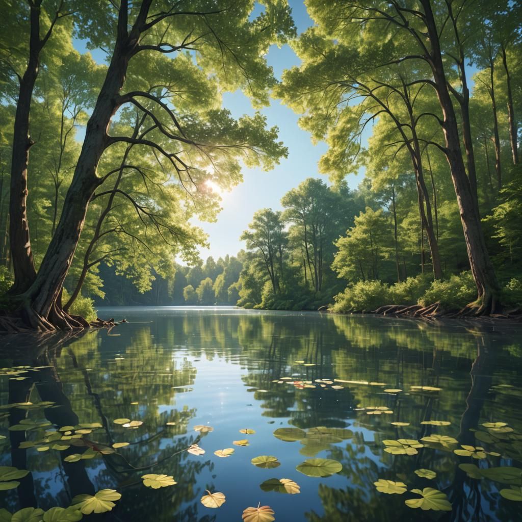 Serene Lake Landscape in Lush Forest, Photorealistic