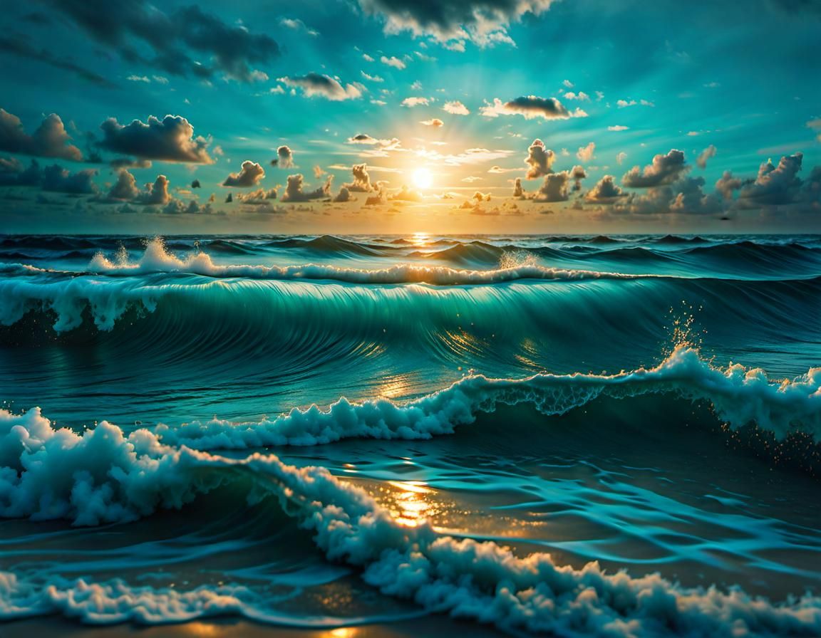Turquoise and Gold Open Ocean Seascape Masterpiece