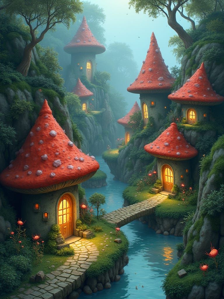 Glowing Mushroom Village in Storybook Style