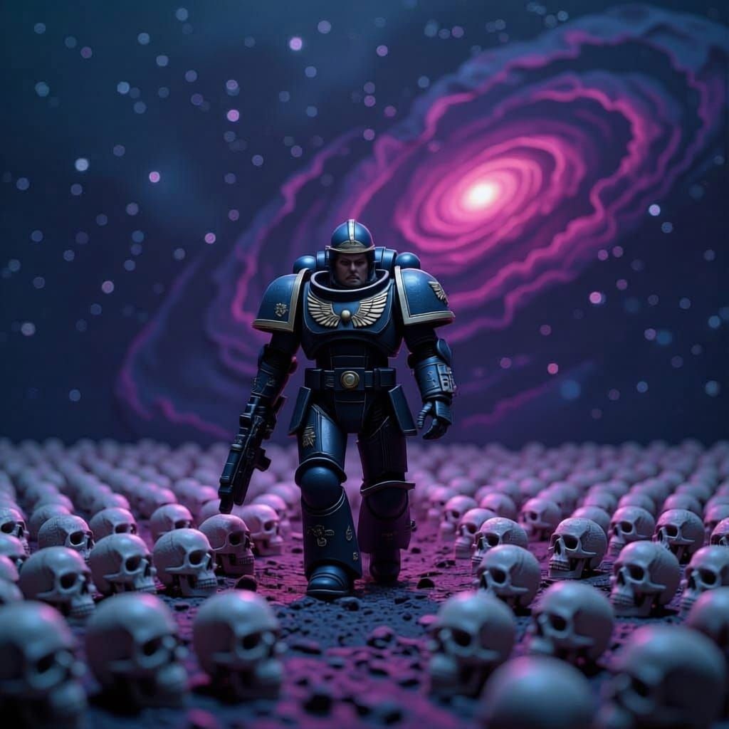 Space Marine in Skull Field, Vibrant Nebulae Art Style