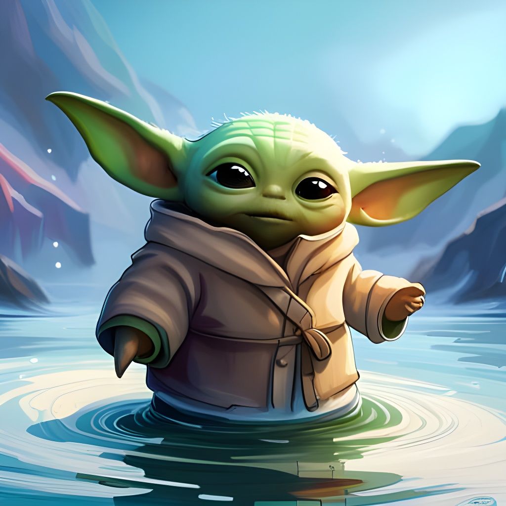 Cute Grogu in Lake Scene: Fantasy Art