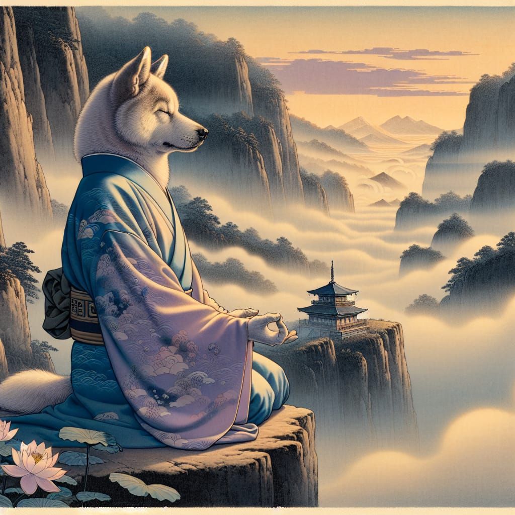 Meditating Dog in Ukiyo-e Style with Distant Temple