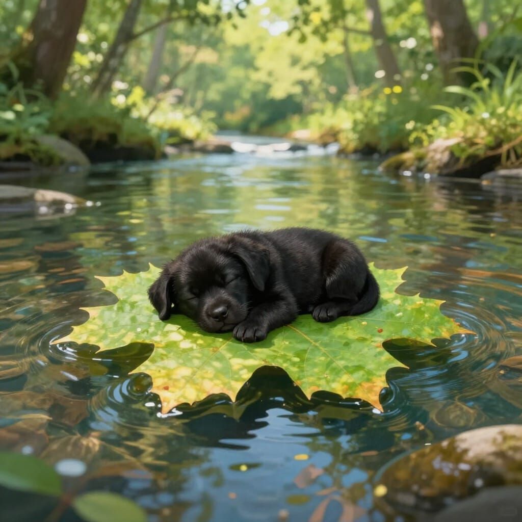 Adorable Black Lab Puppy Sleeps on Leaf Floating Down River