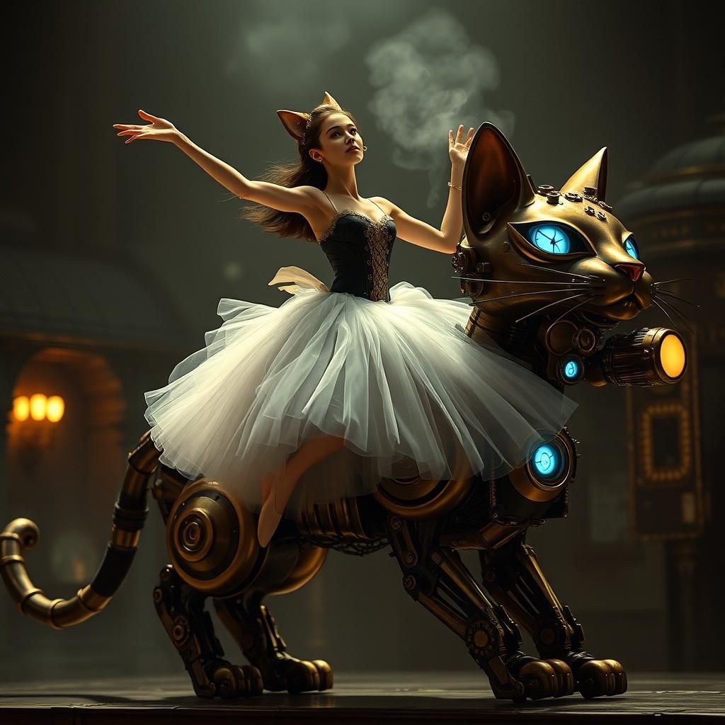 Steampunk Ballet Dancer Astride Mechanical Cat