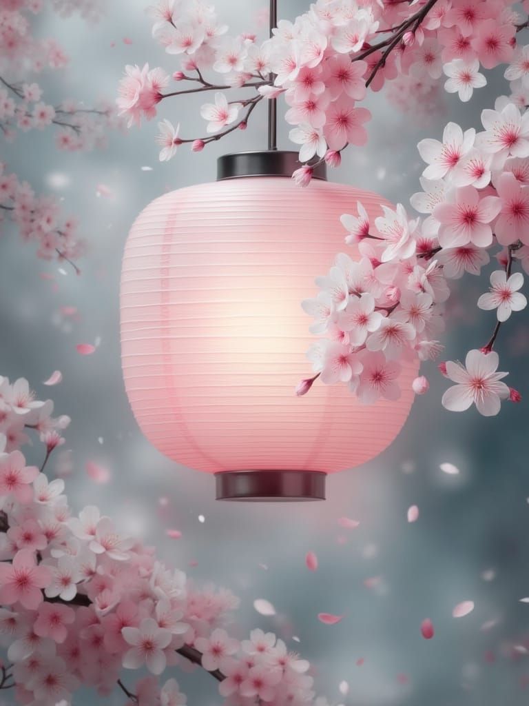 Japanese Lantern with Cherry Blossoms in Dreamlike Style