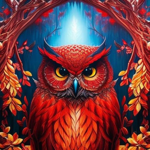 Chibi Red Owl Portrait in Forest, Digital Art