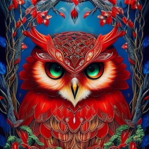 Chibi Red Owl Portrait in Forest, Ink Gouache Style