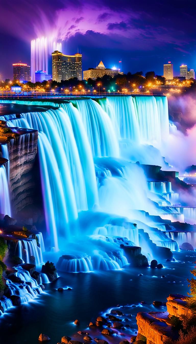 Niagara Falls at Night in Digital Oil Painting Style