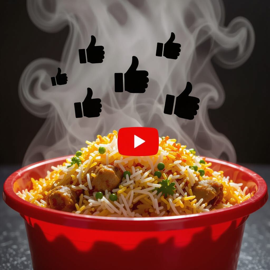 Red Bucket of Steaming Biryani With YouTube Dislike Symbols