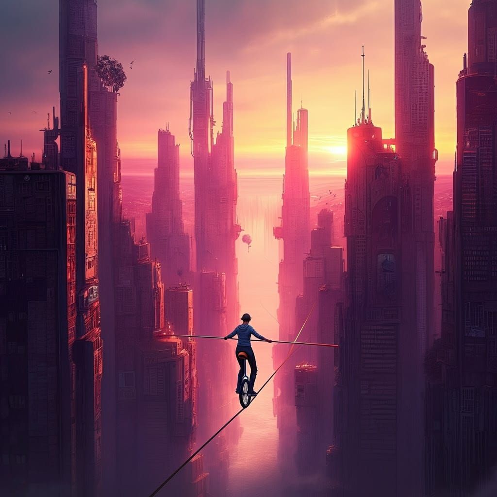 Unicyclist Balances Over Futuristic Cityscape