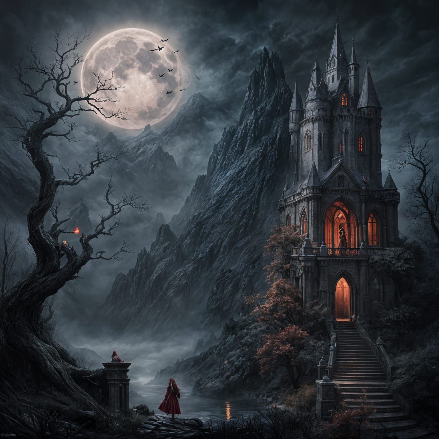 Little Red Riding Hood Gothic Castle Gouache Painting