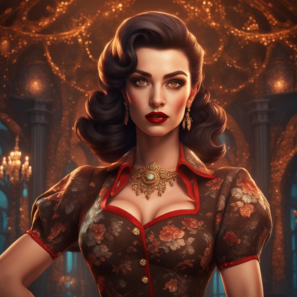 Pinup Brunette Woman in Detailed Matte Painting Style