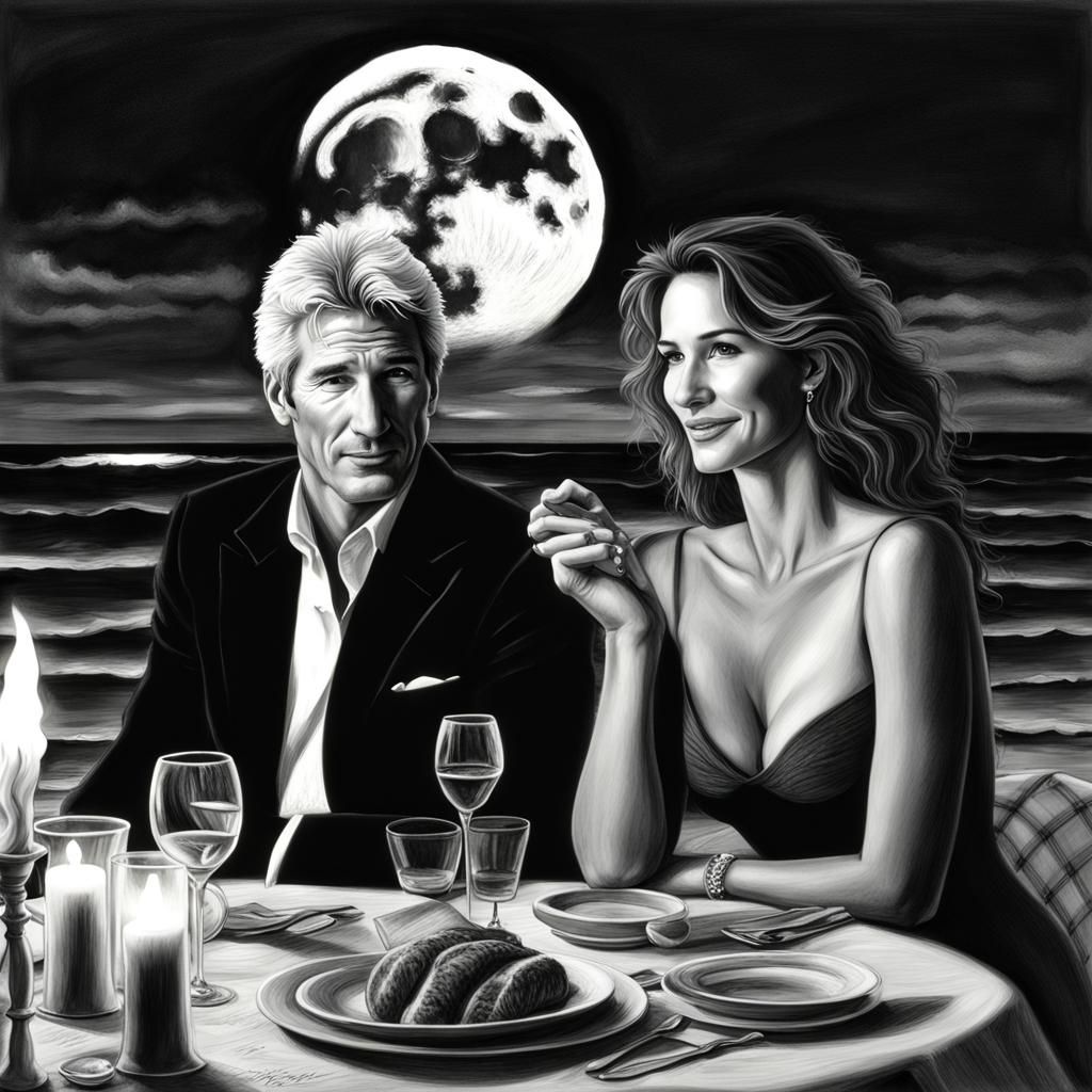 Romantic Candlelit Beach Dinner: Charcoal Drawing