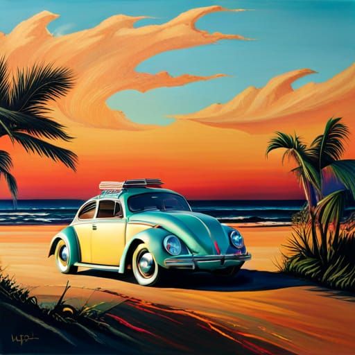 1960s VW Beetle Coastal Drive: Maximalist Painting