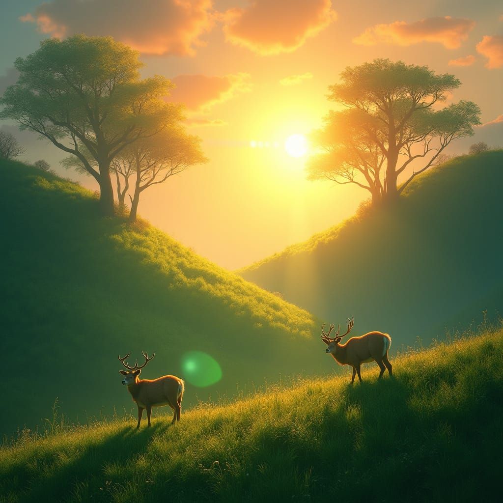 Dramatic Sunrise Over Emerald Hills in Digital Matte Paintin...