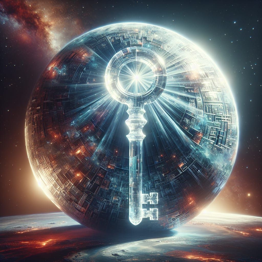 Planet-Sized Crystal Key Radiating Ethereal Glow