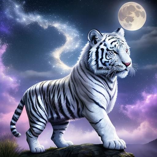 Fantasy White Tiger Under Starry Night Sky
