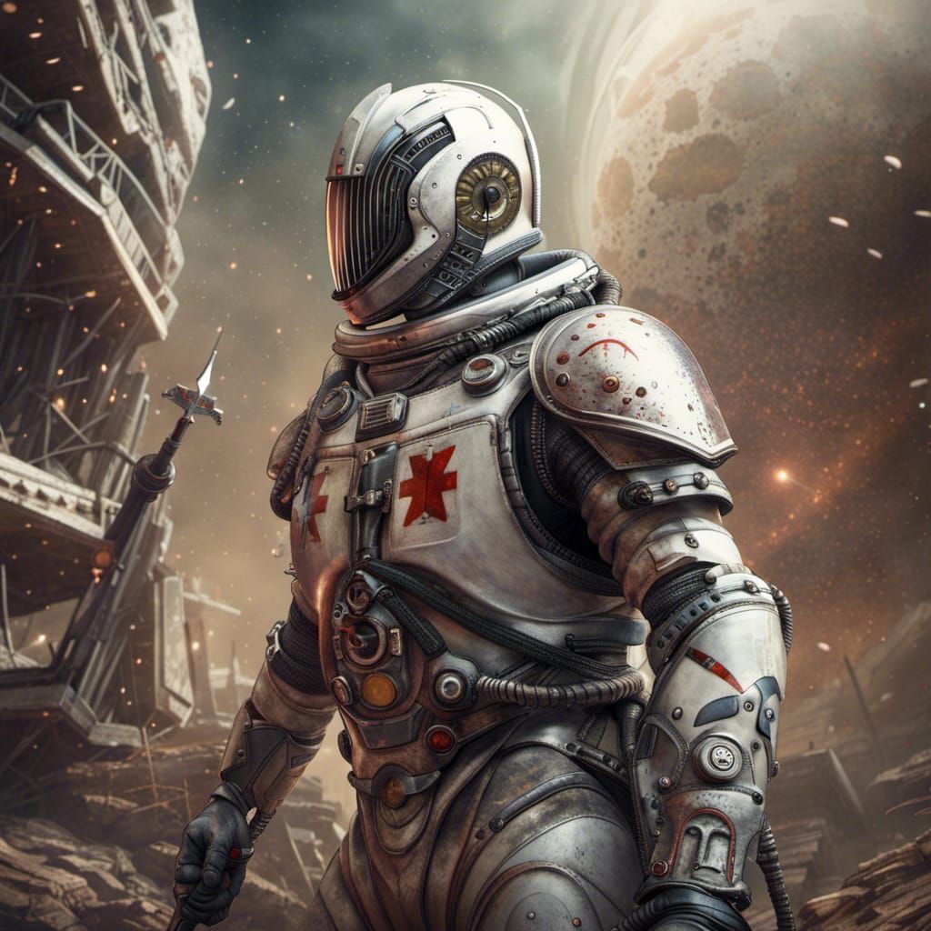 Futuristic Templar Knight in Space Suit, Hyperrealistic