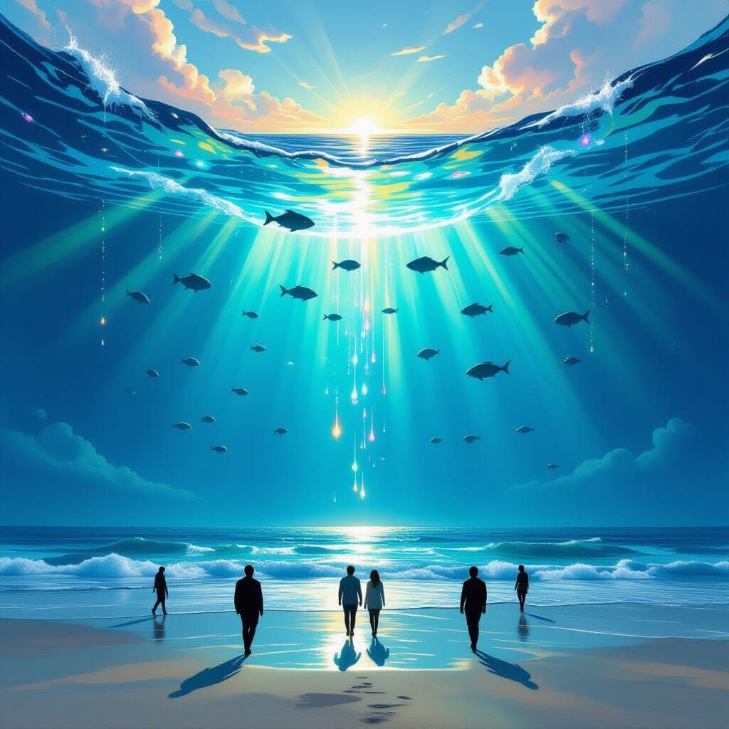 Surreal Sky Ocean Dreamscape with Floating Waves and Fish