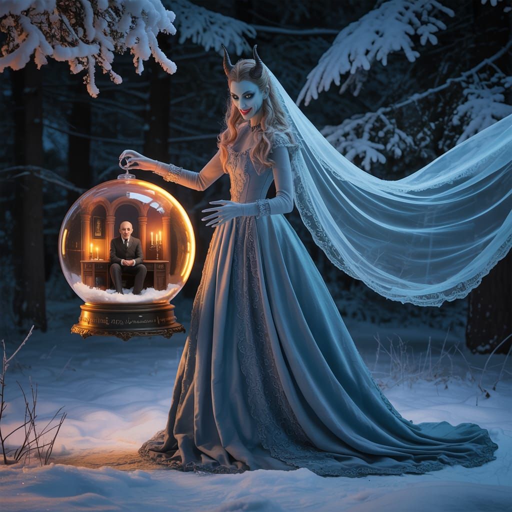 Demon Bride in Snowy Gothic Forest Holding Glowing Orb