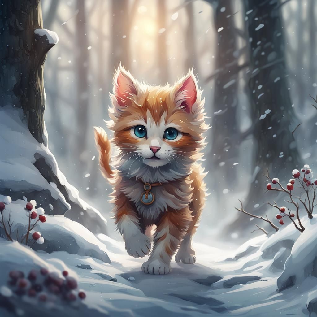 Kitten Walking in Snowy Forest: Detailed Matte Painting