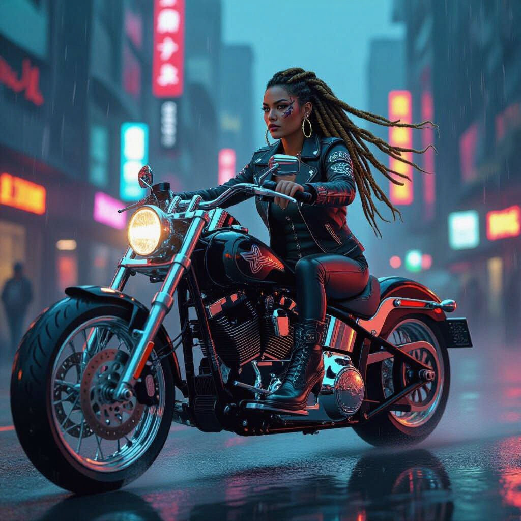 Maori Woman Rides Cyberpunk Chopper in Neon City