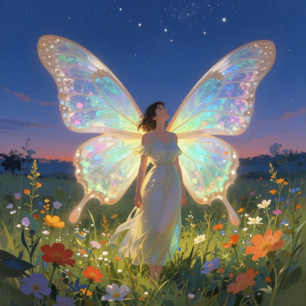Human with Iridescent Butterfly Wings at Dusk