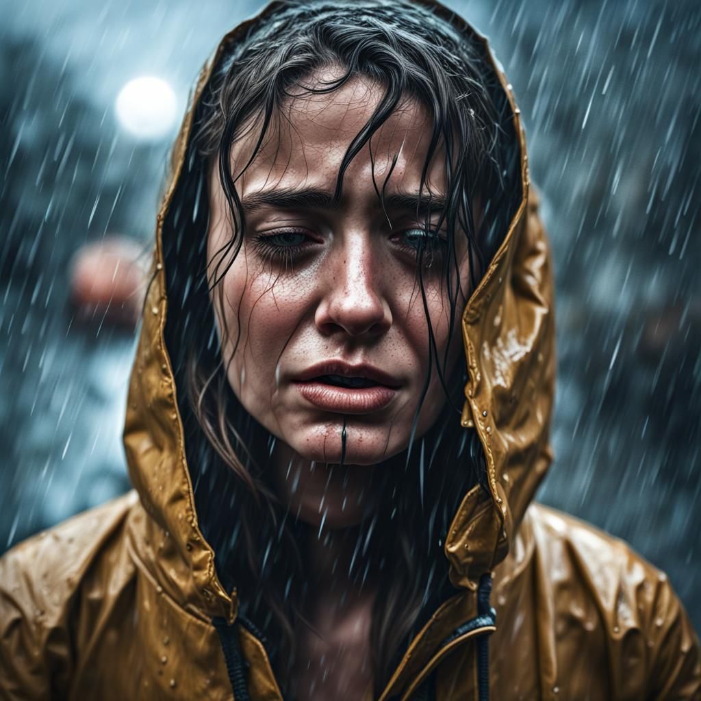 Hyperrealistic Girl Crying in the Rain