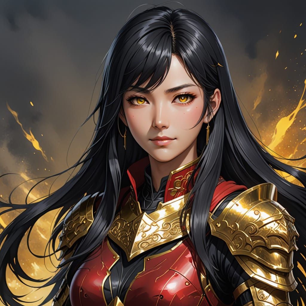 Elegant Anime Warrior with Long Black Hair and Golden Armor