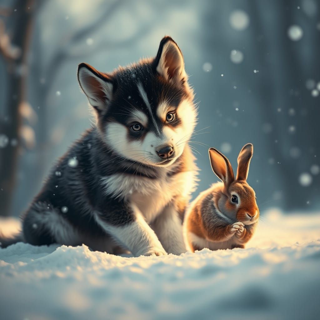 Husky Puppy and Rabbit in Epic Winter Wonderland