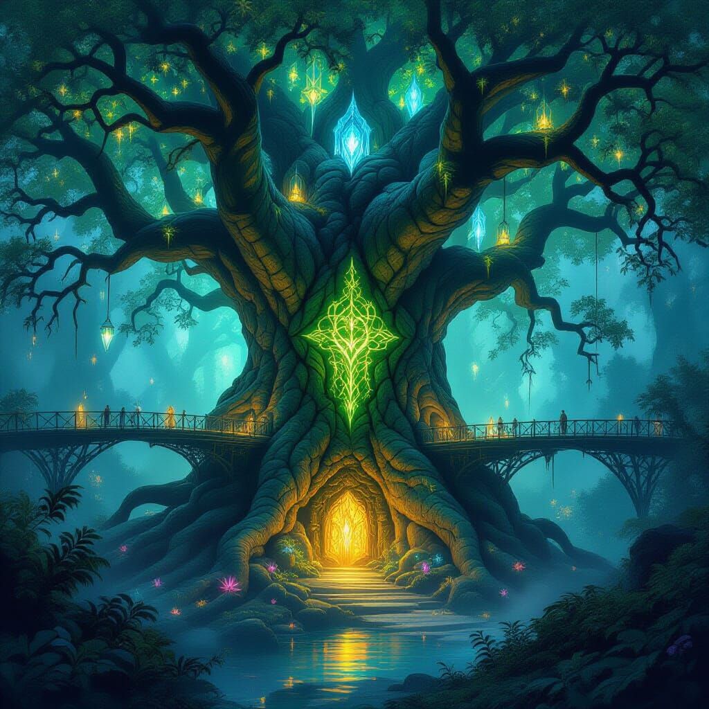 Ancient Elven City Built Within a Colossal Glowing Rune Tree