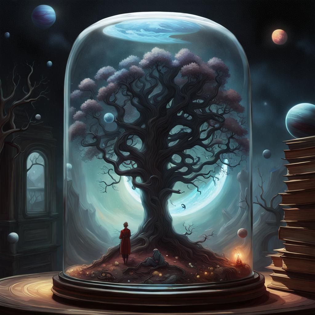 Surreal Tree in Jar with Stars and Planets