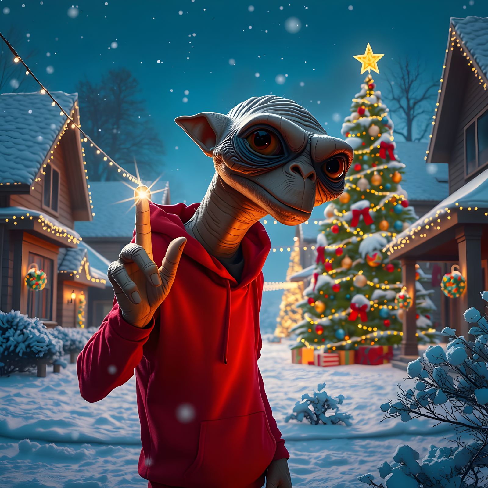 E.T.'s Joyful Holiday Greeting in Vibrant, Fantastical Art