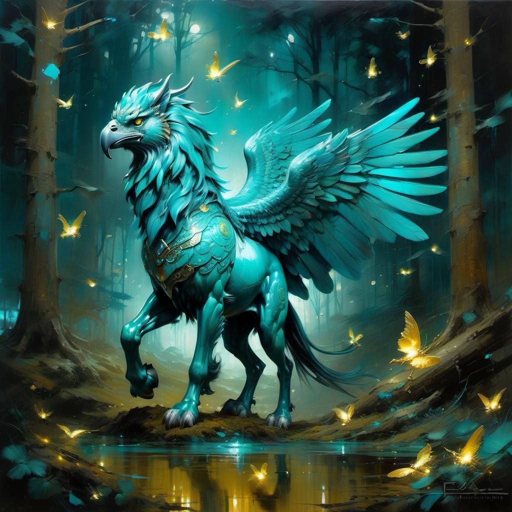 Mythical Griffin (gryphon) in magic forest