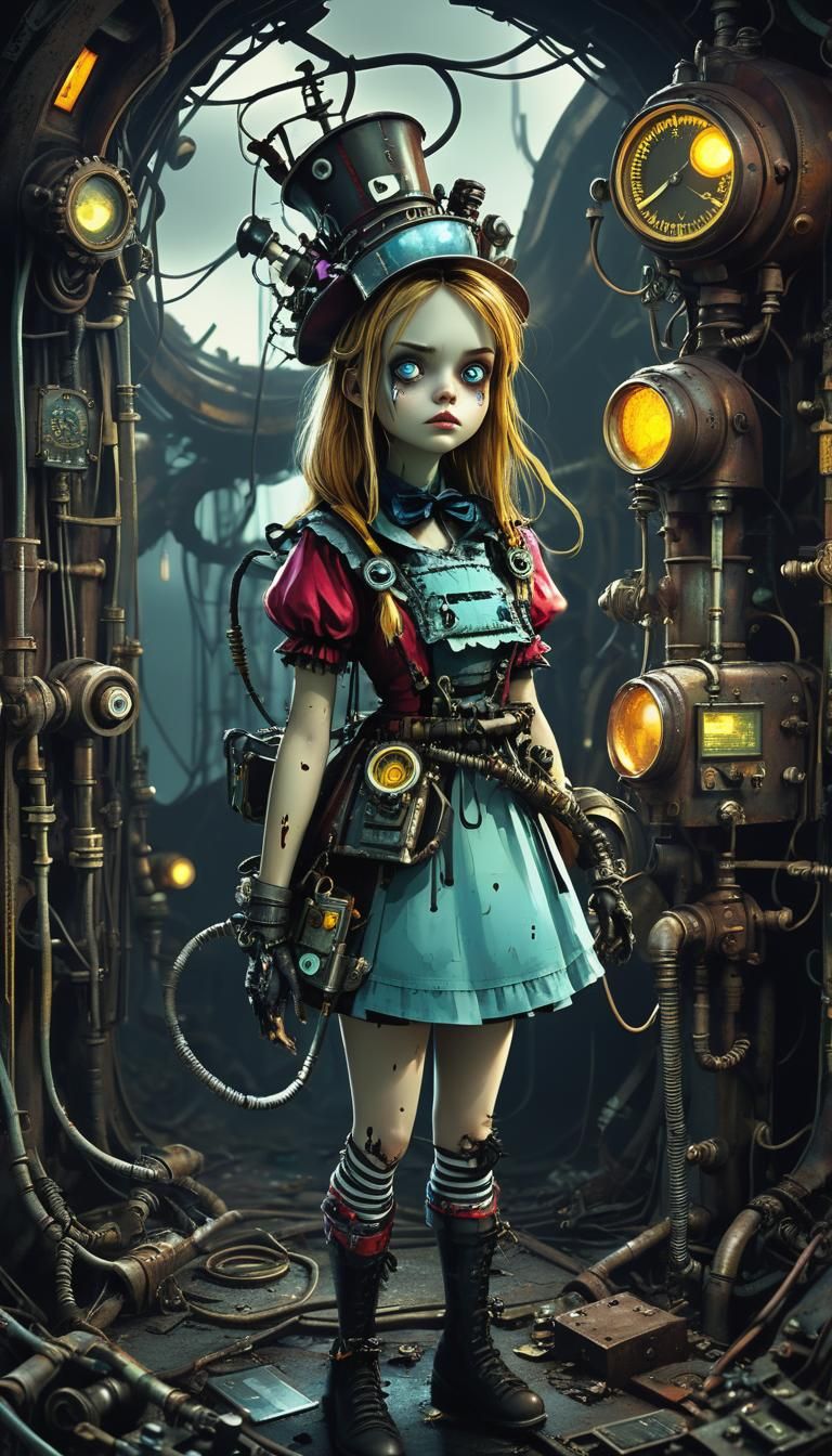 Alice in Nightmare Land, epik dark fantasy, ai art, dark character design. (Alice in wonderland) Solarpunk, Dirty, worn,...