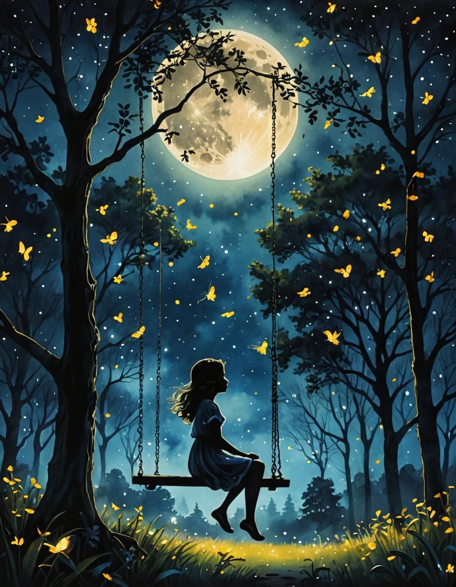 Girl on Swing Surrounded by Fireflies in Watercolor
